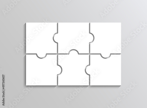 Puzzle pieces set. Jigsaw grid. Thinking mosaic game with separate details. Simple background with 6 shapes. Laser cut frame. Bussines banner. Vector illustration.
