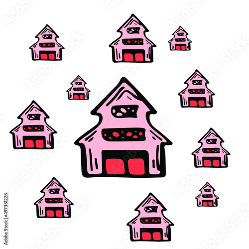 Houses agricultural sketch vector icon. Ranch field, rural countryside. Harvest scarcity concept, industry problems symbol. Hand drawn bio illustration isolated on white.