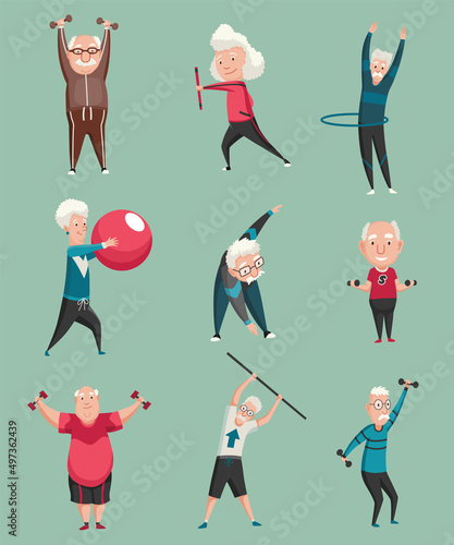 Old people exercises. Healthy active lifestyle of older people cartoon set. Elderly people doing morning gymnastics. Older people lead a healthy life. Sport and leisure