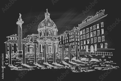 vector sketch of Ancient ruins of a Roman Forum or Foro Romano, Rome, Italy.