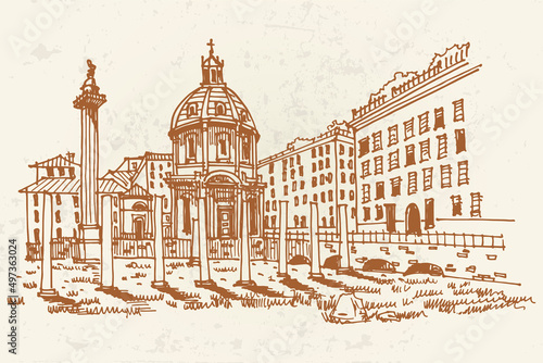 vector sketch of Ancient ruins of a Roman Forum or Foro Romano, Rome, Italy.