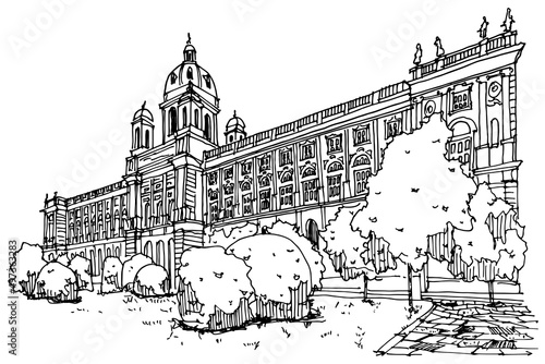 Vector sketch of Natural History Museum with park and sculptures in Vienna, Austria