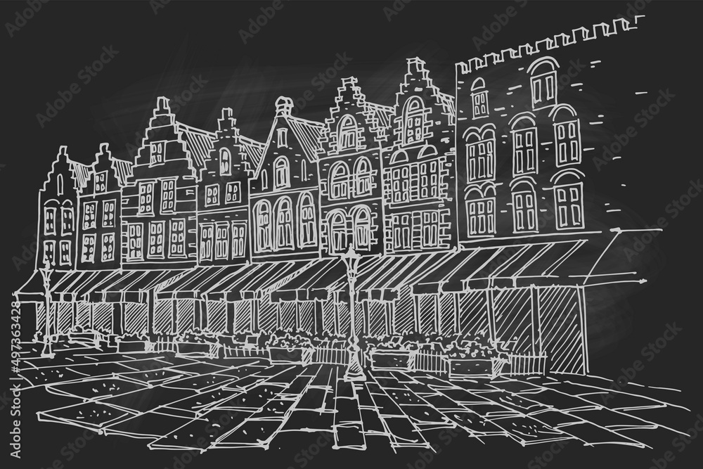 Fototapeta premium Vector sketch of Traditional architecture in the town of Bruges (Brugge), Belgium