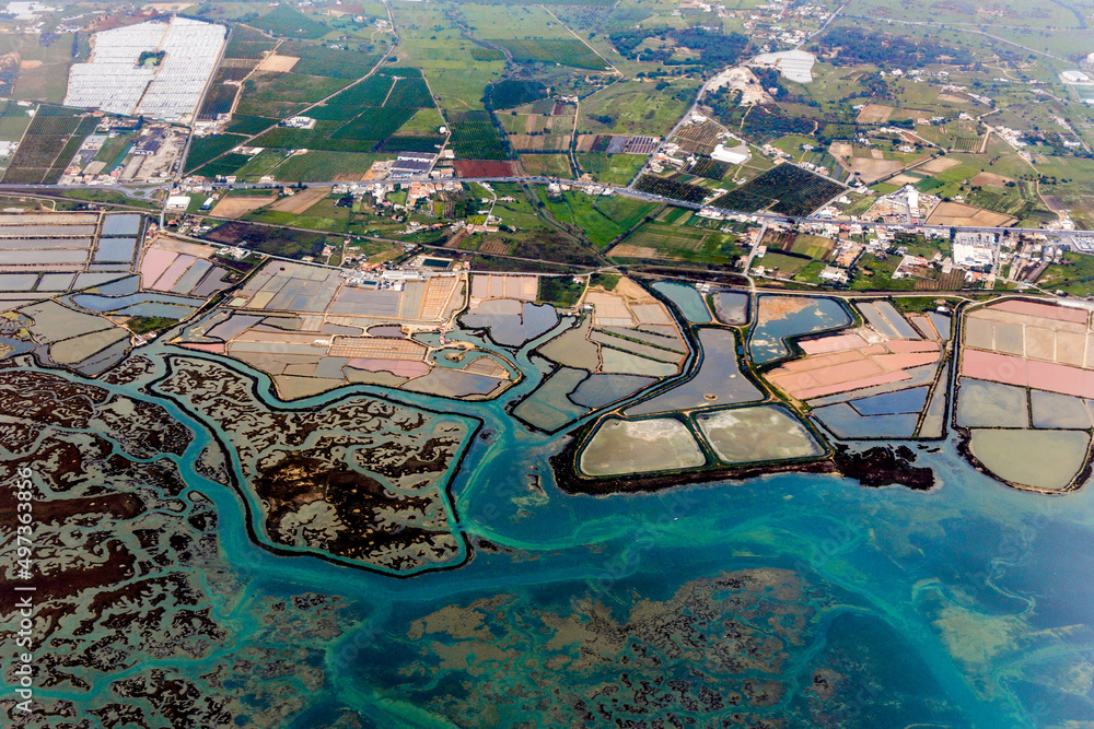 Aerial view of the Ria Formosa lagoon in Faro, Algarve, Portugal.