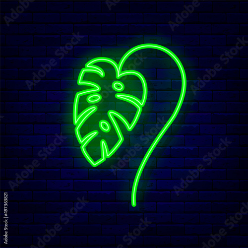 Monstera neon icon. Rainforest shiny design. Summer concept. Exotic signboard. Shiny signboard. Vector illustration