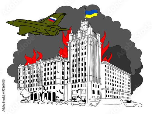 vector sketch of aerial bombing of Kharkiv by russian military aircraft.  Crime against the civilian population.