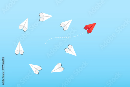Problem and solution concept, group of white paper planes fly in a circle and one red paper plane pointing in different way on blue background. Business new ideas creativity, solve the difficulties.