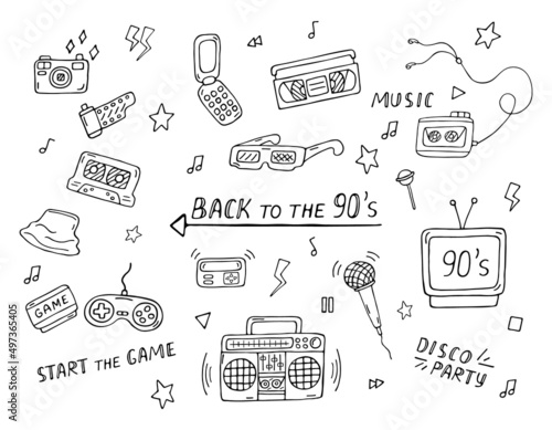 90s doodle set. Vector collection of retro electronics and things from 1990s. Trendy vintage design elements on white background. Back to 90s doodle illustration