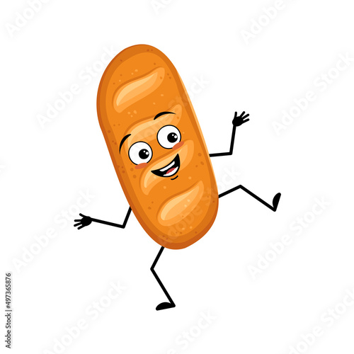 Cute loaf of bread character with joyful emotions, happy face, smile, arms and legs. Bakery, homemade pastry with funny expression and pose. Vector flat illustration