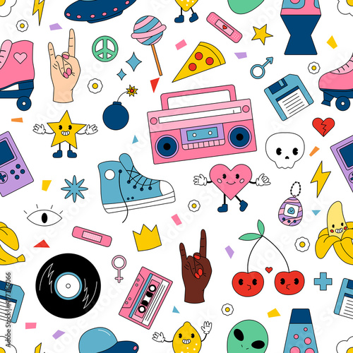Seamless pattern with sneakers, rollers, peace, lollipops, UFO, alien, audio tapes. Hand drawn trendy 80s-90s objects. Doodle style. Cartoon fruits, heart, star and skull. Vector illustration.