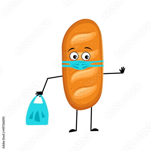 Cute loaf of bread character with face in medical mask and keep distance, hands with shopping bag and stop gesture. Baking person, homemade pastry with care expression. Vector flat illustration