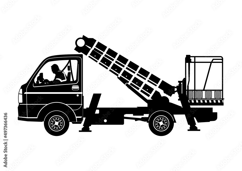 Silhouette of bucket truck. Aerial work platform with operator. Side ...