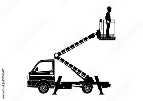 Silhouette of bucket truck. Aerial work platform with operator. Side view. Vector.