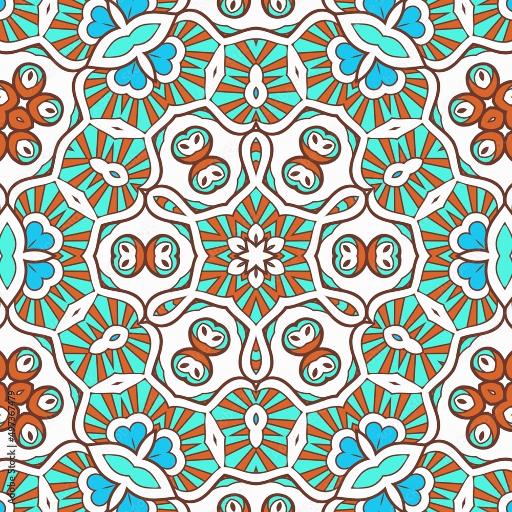 Naklejka premium Abstract Pattern Mandala Flowers Art Colorful Blue Turquoise Brown 88