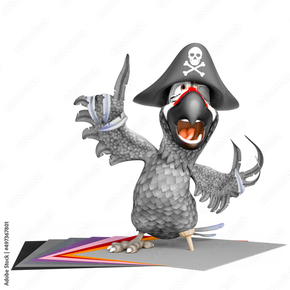 Naklejka premium parrot pirate is talking on the office papers