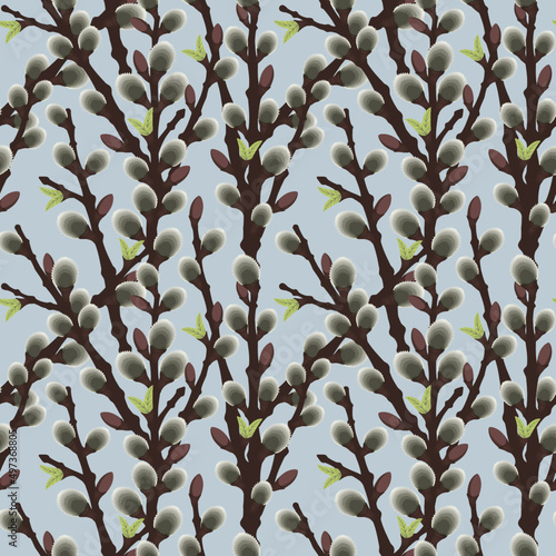 Seamless repeat vector pattern. Branches with pussy willows with small leaves. Spring mood. 