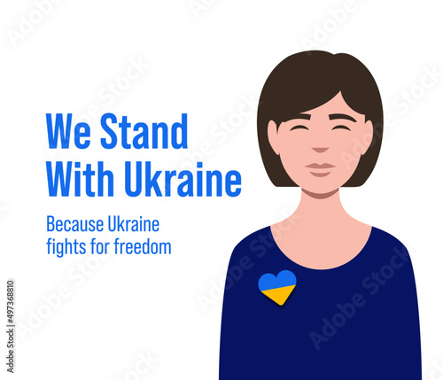 Stand with ukraine vector banner. Isolated Illustration. Woman with heart pin with colors of Ukrainian flag. Praying for ukraine.