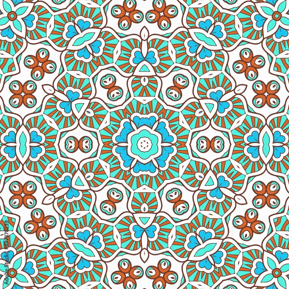 Abstract Pattern Mandala Flowers Art Colorful Blue Turquoise Brown 78