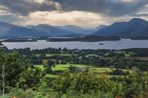 Loch Lomond Panorama with a background of Luss Hills, Arrochar Hills and Ben Lomond, seen from Duncryne Hill, Gartocharn ,The Dumpling , Scotland photo