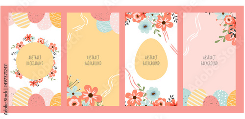 Easter set. Bright Easter editable backgrounds for social media stories with illustrations of eggs and pretty flowers