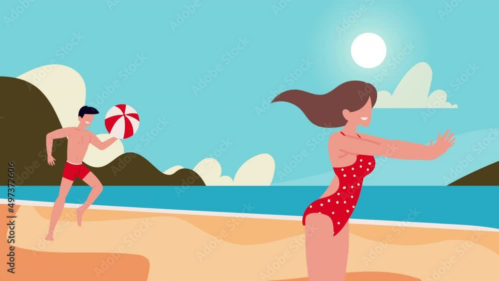 vacationers couple playing with balloon on the beach vacationers couple playing with balloon on the beach
