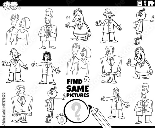 find two same cartoon characters task coloring book page