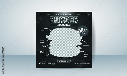 Restaurant burger and Culinary food promotion or burger social media post banner template hamburger online sale promotion web banner with abstract digital background