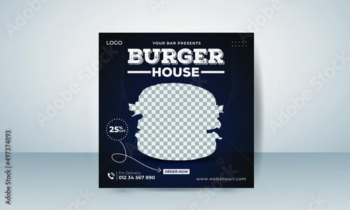 Restaurant burger and Culinary food promotion or burger social media post banner template hamburger online sale promotion web banner with abstract digital background