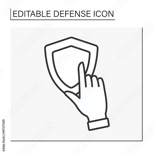  Shield line icon. Finger touch shield. Clicking. Protected data. Defense concept. Isolated vector illustration. Editable stroke
