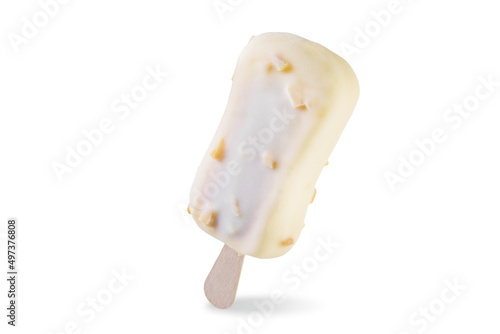 Vanilla ice cream with crispy nuts and white chocolate glaze on a stick on a white isolated background