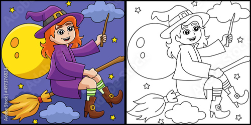 Witch Girl On A Broomstick Coloring Illustration