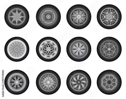 Set of car wheels. Summer or winter tires for driving in different weather conditions. Wheel disk icon isolated on white background. Automobile rims design