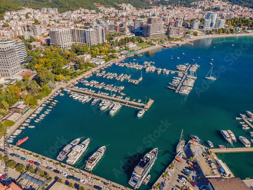 Old town in Budva in a beautiful summer day, Montenegro. Aerial image. Top view