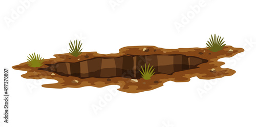 Hole ground. Entrance underground, big crack or ruin. Dirty, dark entrance, detailed drawing in cartoon style. Ground hole, deep pit with grass and stones. Cartoon den of wild animal