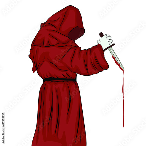 Man in ritual wearing red robe carrying a bloody knife.