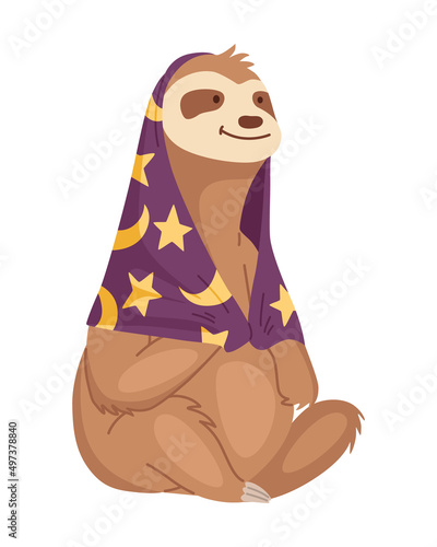 Sloth character with cape on shoulders. Cute cartoon sloth-bear character. Funny lazy animal, hand drawn clip art illustration. Jungle rainforest sloth. Tropical mammal or adorable sloth