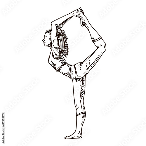 Yoda pose. Youing woman training. Sketch. Engraving style. Vector illustration.