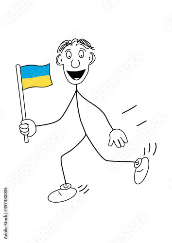 Strichmännchen Comic Mann zeigt voller Freude und Begeisterung eine Flagge von der Ukraine