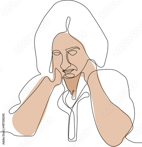 Continuous one line drawing of Exhausted frustrated old woman touching forehead, suffering from strong headache or migraine, worried woman thinking about problems. Vector illustration