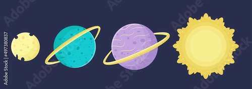 Collection for designing vector space. A collection of vector space for design. Exploration of space planets. A galactic adventure. Sun, Jupiter, moon. Simple cartoon style