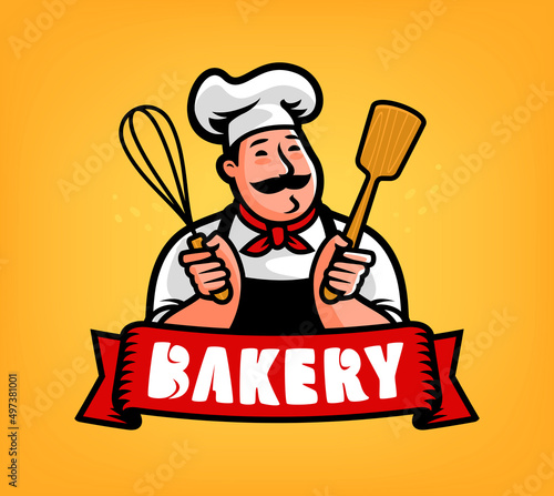 Bakery logo. Chef baker cartoon character. Emblem vector illustration