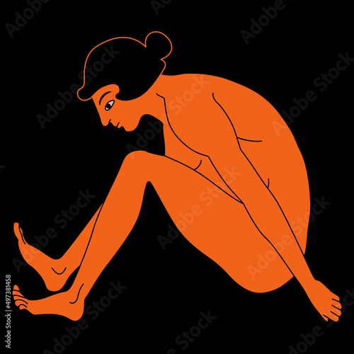 Ancient Greek woman or youth seated or squatting. Human body. Vase painting style. On black background.