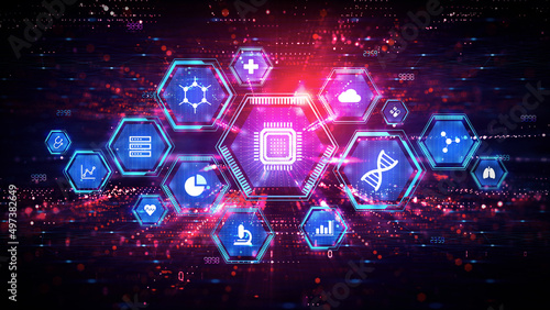 Bioinformatics and Health Informatics Concept - Medical and Informatics Icons on Technology Background