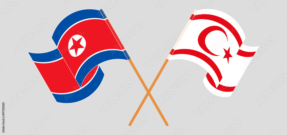 Crossed and waving flags of North Korea and Northern Cyprus Crossed and waving flags of North Korea and Northern Cyprus