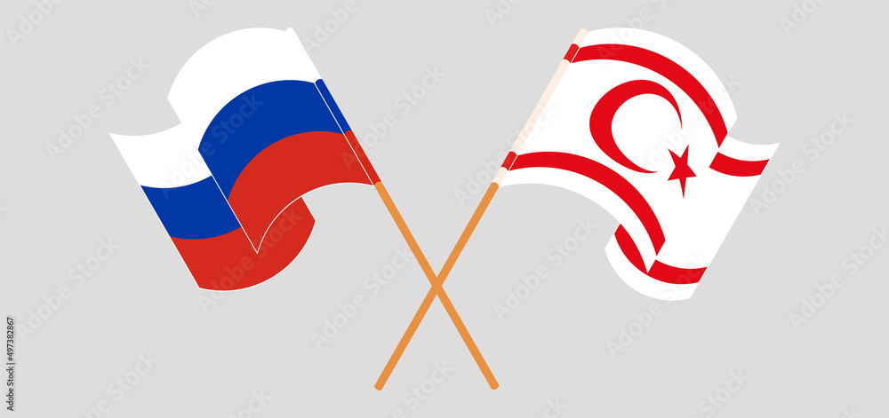 Crossed and waving flags of Russia and Northern Cyprus Crossed and waving flags of Russia and Northern Cyprus