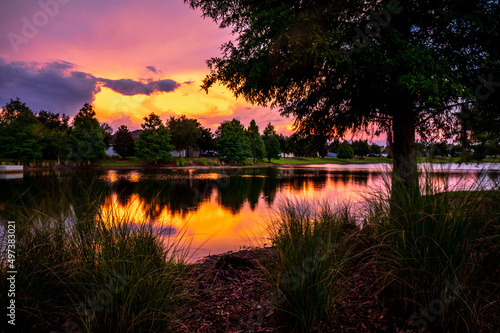 Bright Colorful Sunset along the Lake