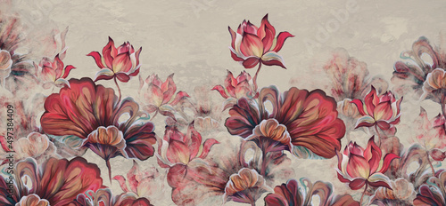 Fototapeta kolorowe lilie wodne na teksturowym tle