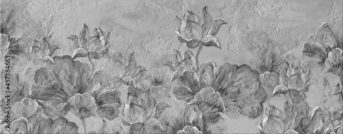 art painted water lilies in 3D in black and white style photo wallpaper in the interior