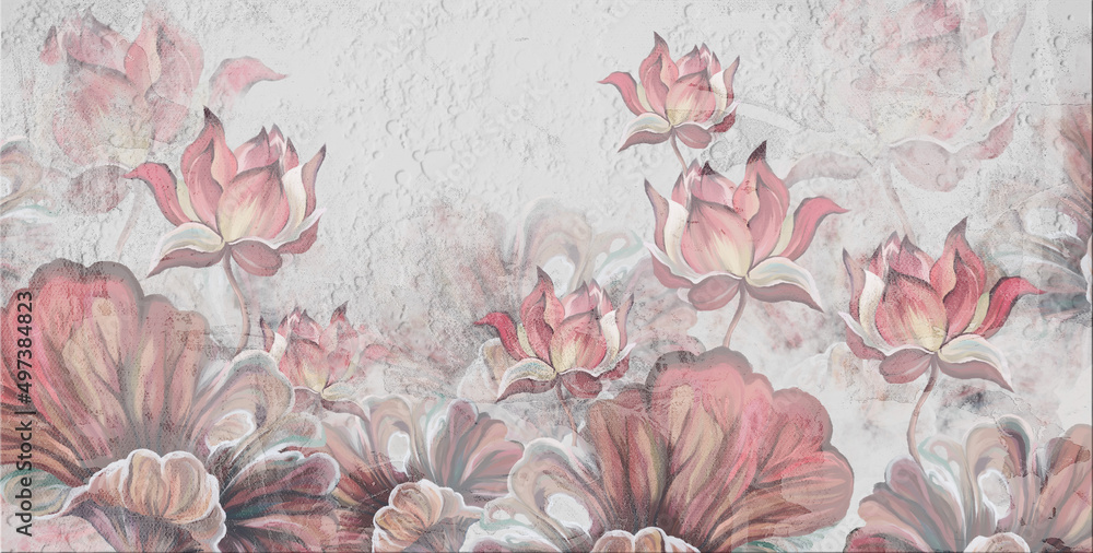 
large art painted water lilies and leaves on a textural background textural photo wallpaper in the interior - obrazy, fototapety, plakaty 