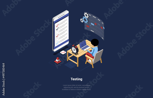 Concept Of App Testing, Mobile application development process, Software API prototyping, Graphic Design, Mobile app Building. Software Test Engineer An Workplace. Isometric 3D Vector Illustration